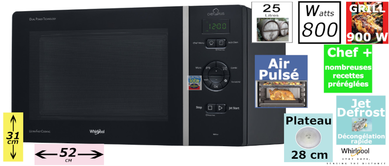 WHIRLPOOL MCP347BL four à micro-ondes - combi - 31cm